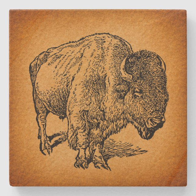 Rustic Western Wild Buffalo Bison Antique Art Stone Coaster (Front)