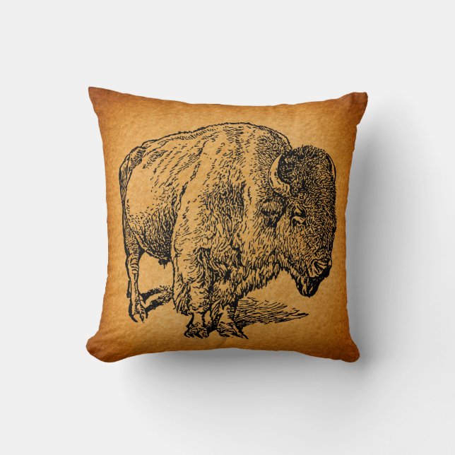Rustic Western Wild Buffalo Bison Antique Art Throw Pillow (Front)