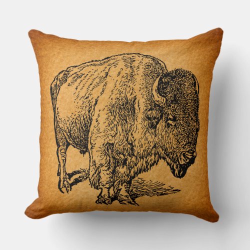 Rustic Western Wild Buffalo Bison Antique Art Throw Pillow