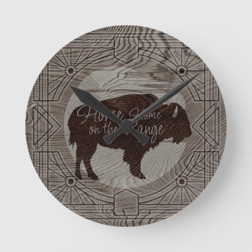 Rustic Western Wood Grain Art Deco Buffalo Throw P Round Clock