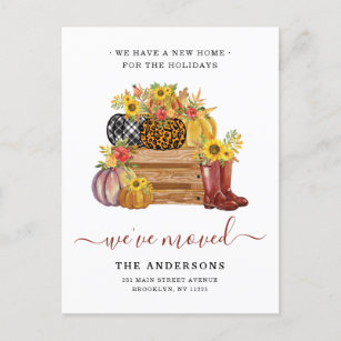 Rustic We've Moved Floral Pumpkins Holiday Moving Announcement Postcard