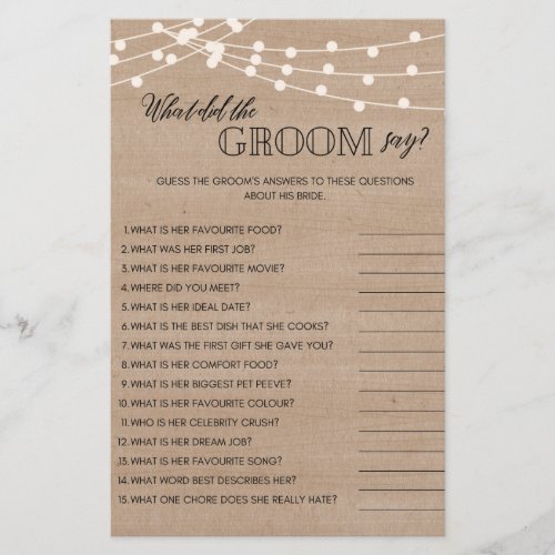 Rustic what did groom say bridal shower game flyer