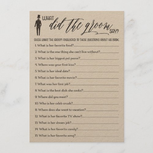 Rustic What Did the Groom Say Bridal Shower Game Enclosure Card