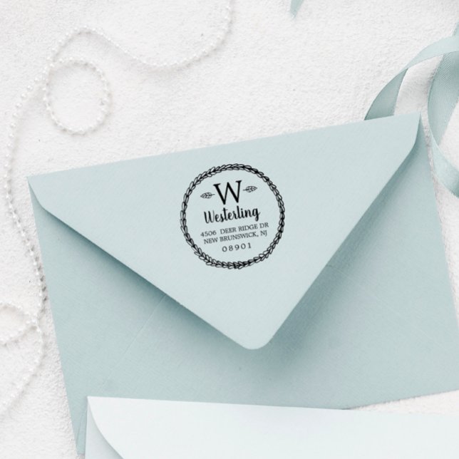 Rustic Wheat Wreath Monogram Name & Address Rubber Stamp (Creator Uploaded)