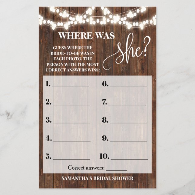 Rustic Where was She Bridal Shower Game Card Flyer (Front)