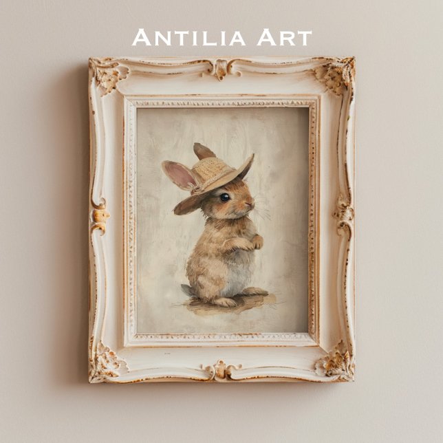 Rustic Whimsical Animal Art Bunny with Straw Hat Poster (Creator Uploaded)