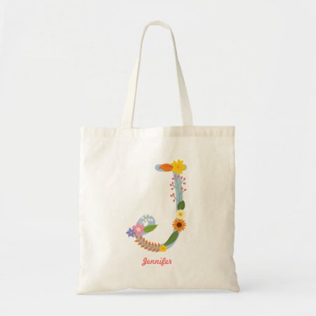 Rustic Whimsical Flower Monogram (j) Tote Bag