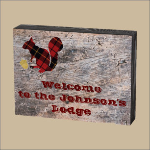 Rustic Whimsical Plaid Squirrel Welcome Wooden Box Sign
