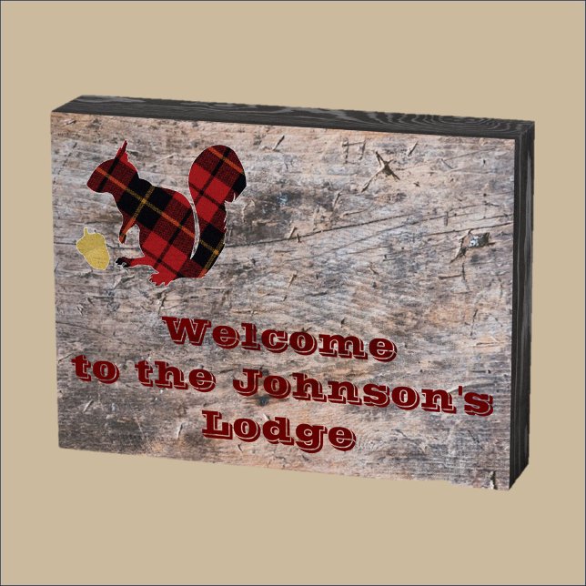 Rustic Whimsical Plaid Squirrel Welcome Wooden Box Sign (Creator Uploaded)