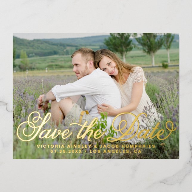 Rustic Whimsical Script Photo Save the Date Foil Invitation Postcard (Front)