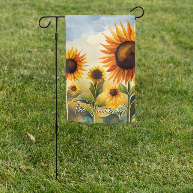 Rustic Whimsical Sunflower Field Monogram Garden Flag (In SItu)