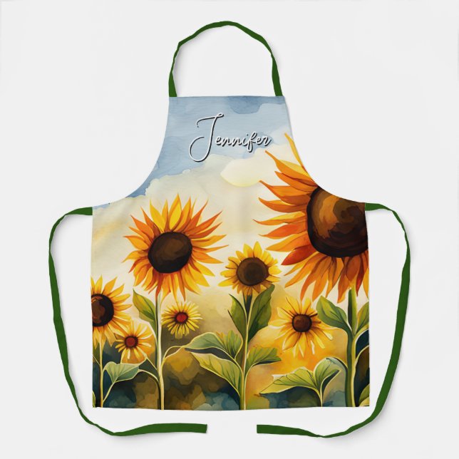Rustic Whimsical Watercolor Sunflowers Monogram Apron (Front)