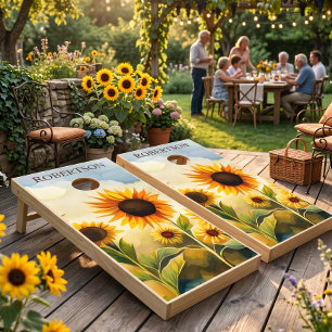 Rustic Whimsical Watercolor Sunflowers Monogram Cornhole Set