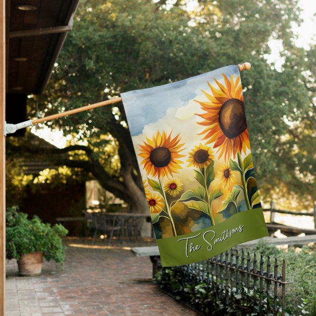 Rustic Whimsical Watercolor Sunflowers Monogram House Flag (In SItu)