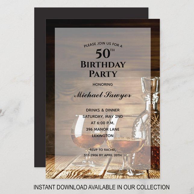Rustic Whiskey 50th Birthday Party Invitations (INSTANT DOWNLOAD available in our collection to send your invitations digitally.)