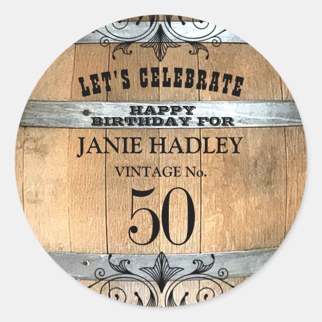 Rustic Whiskey Barrel 50th Birthday Sticker (Front)