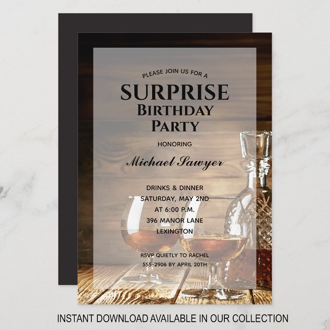 Rustic Whiskey Birthday Party Invitations (INSTANT DOWNLOAD available in our collection to send your invitations digitally.)