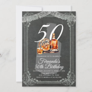 Rustic Whiskey Bottle 50th Adult Birthday Invitation