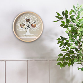 Rustic White 3 Photo Family Tree Personalized Clock