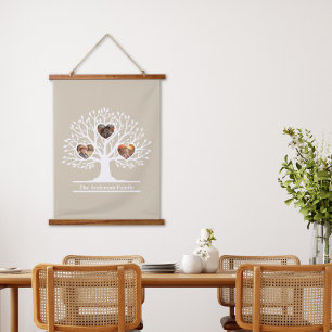 Rustic White 3 Photo Family Tree Personalized Hanging Tapestry