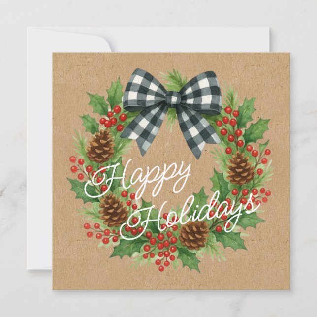 Rustic White And Black Checkered Bow Holiday Card (Front)