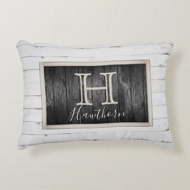 Rustic White and Black Wood Tone Monogram Accent Pillow (Front)