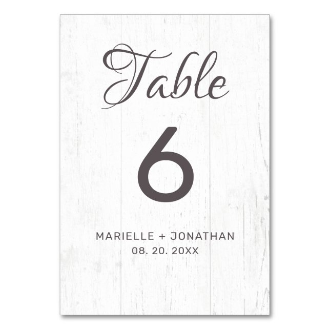 Rustic White and Gray Weathered Wood Wedding Table Number (Front)