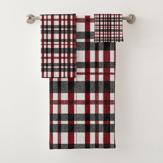 Rustic White and Red Plaid Pattern Bath Towel Set (Insitu)