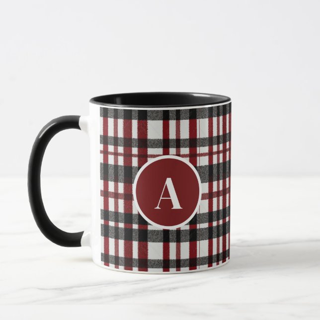 Rustic White and Red Plaid Pattern Mug (Left)