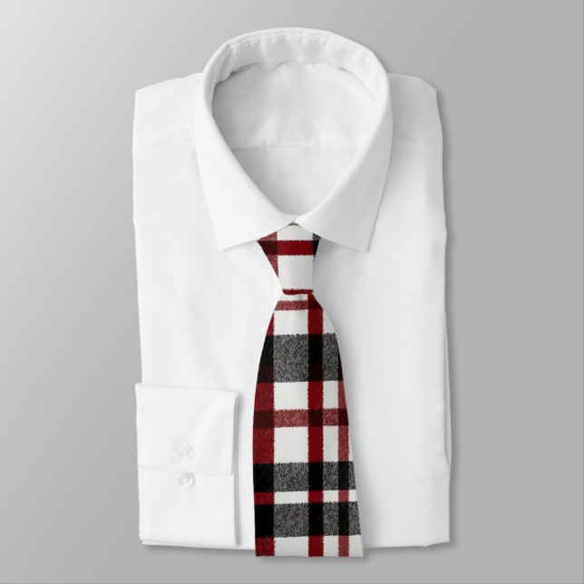 Rustic White and Red Plaid Pattern Neck Tie (Tied)