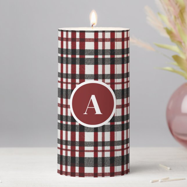 Rustic White and Red Plaid Pattern Pillar Candle (In Situ)
