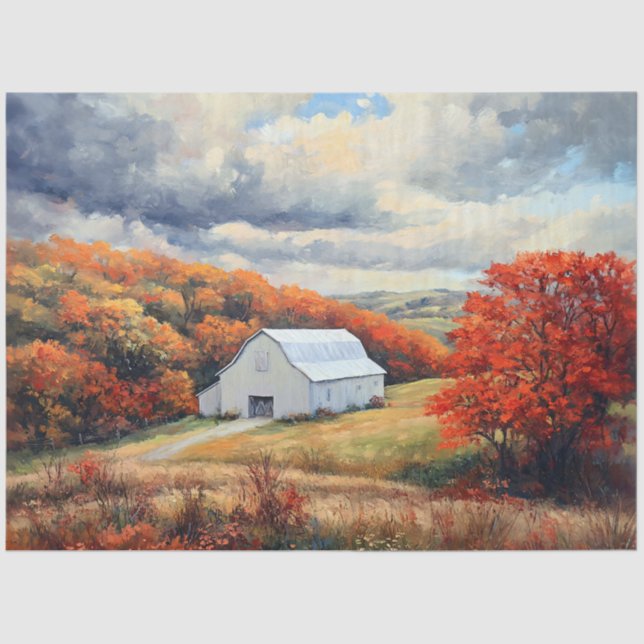 Rustic White Barn Autumnal Trees Decoupage Tissue Paper (Front)