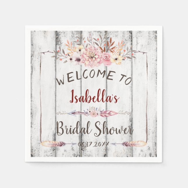 Rustic White Barn Boho Floral Summer Bridal Shower Napkins (Front)