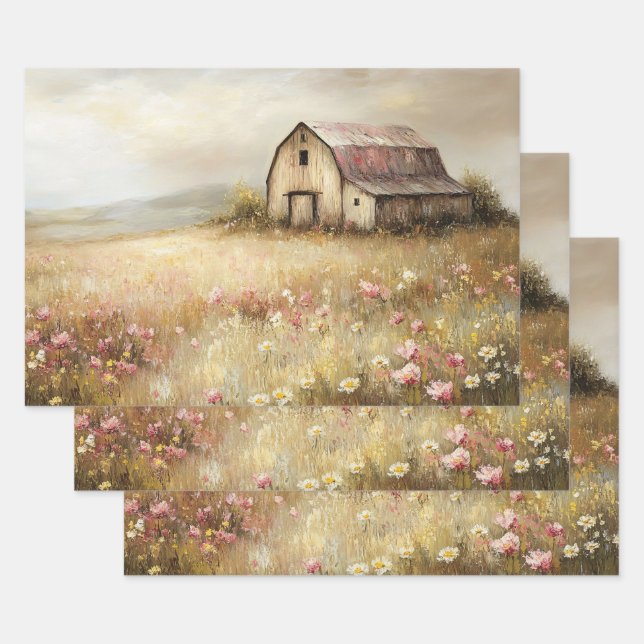 Rustic White Barn Wildflower Field Decoupage Wrapping Paper Sheets (Set)