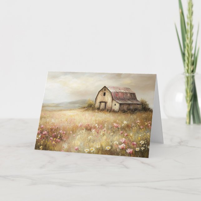 Rustic White Barn Wildflower Field Painting Card (Front)