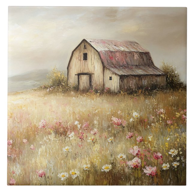 Rustic White Barn Wildflower Field Painting Ceramic Tile (Front)