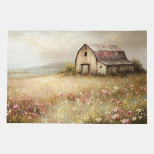 Rustic White Barn Wildflower Field Painting Doormat
