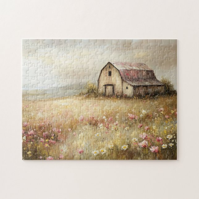 Rustic White Barn Wildflower Field Painting Jigsaw Puzzle (Horizontal)