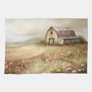 Rustic White Barn Wildflower Field Painting Kitchen Towel
