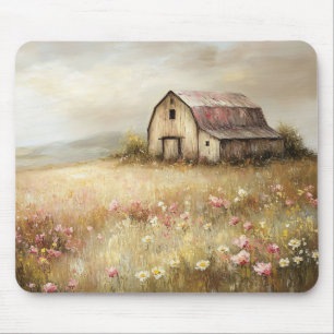 Rustic White Barn Wildflower Field Painting Mouse Pad