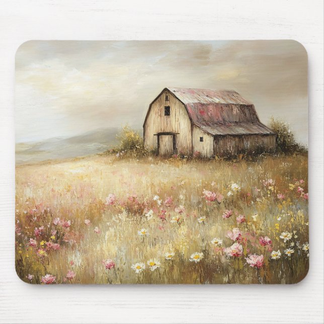Rustic White Barn Wildflower Field Painting Mouse Pad (Front)