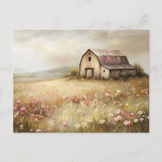 Rustic White Barn Wildflower Field Painting Postcard (Front)