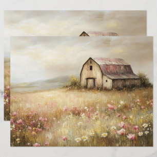 Rustic White Barn Wildflower Field Scrapbook Paper
