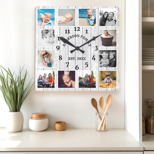 Rustic White Barn Wood Farmhouse 12 Photo Collage Square Wall Clock