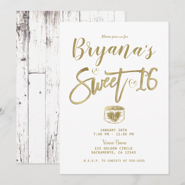Rustic White Barn Wood Gold Sweet 16 Party   Invitation (Front/Back)