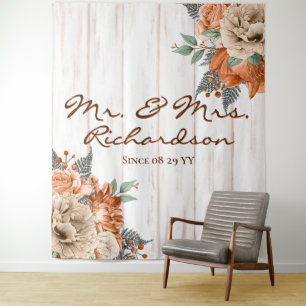 Rustic White Barn Wood Orange Floral Wedding Tapestry