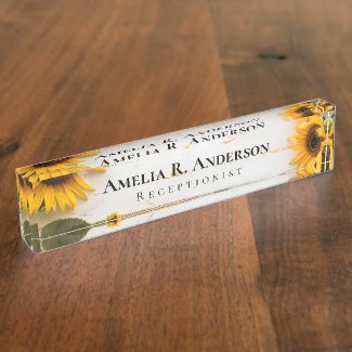 Rustic White Barn Wood Sunflower Desk Nameplate