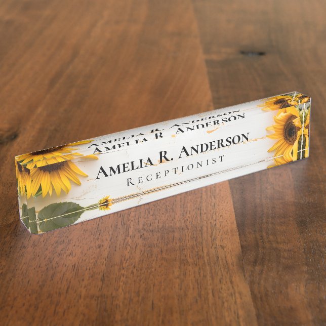 Rustic White Barn Wood Sunflower Desk Name Plate (Side)