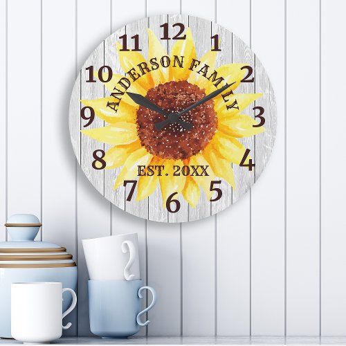 Rustic White Barn Wood Sunflower Personalized Name Large Clock
