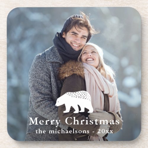 Rustic White Bear Christmas Holiday Photo Beverage Coaster